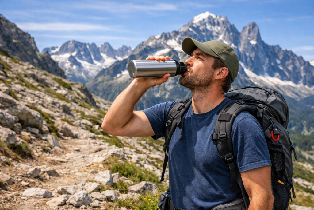 mountain camping for beginners hiker drinking water from bottle on mountain trail staying hydrated at high altitude