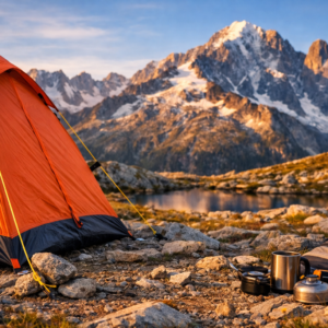 mountain camping for beginners tent pitched on rocky alpine meadow at sunrise dramatic mountain peaks golden light