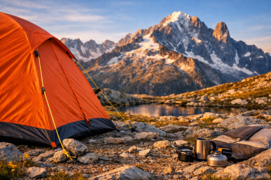 mountain camping for beginners tent pitched on rocky alpine meadow at sunrise dramatic mountain peaks golden light