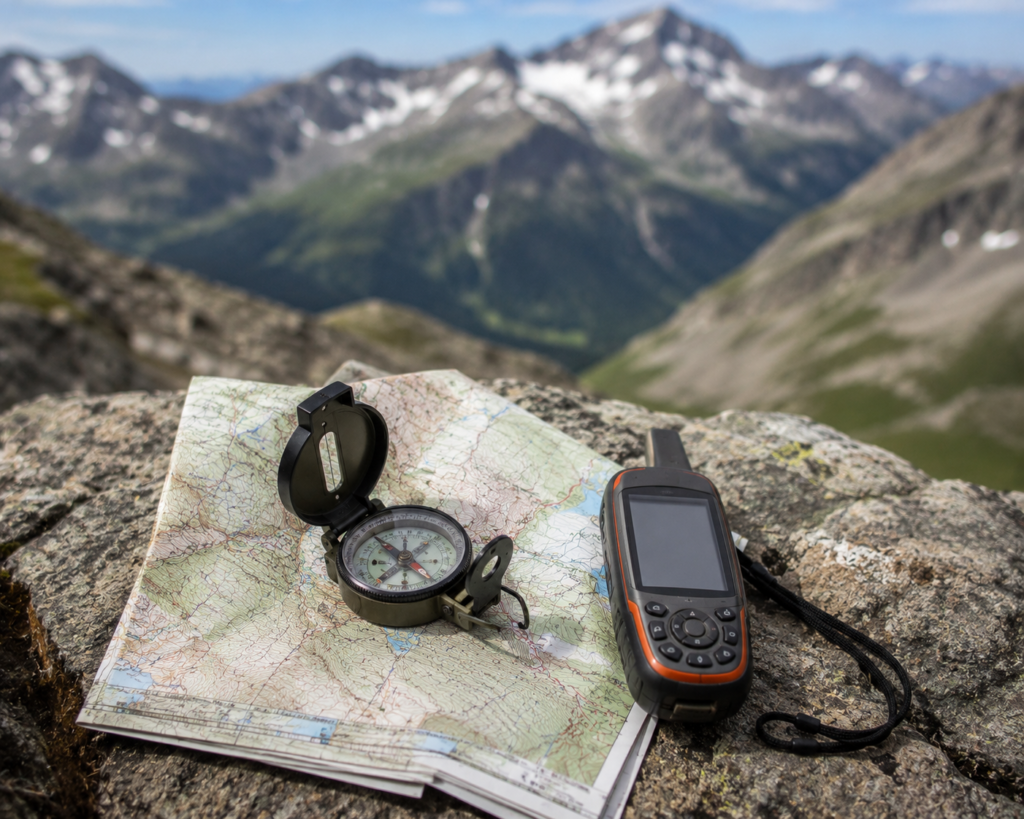 mountain camping for beginners navigation tools topographic map compass and GPS device on rock overlooking mountain terrain