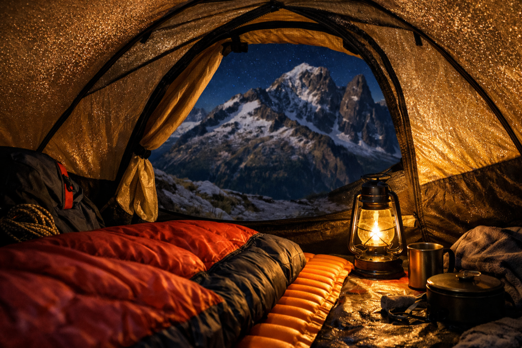 mountain camping beginners warm tent interior sleeping bag sleeping pad insulation cold mountain night high elevation