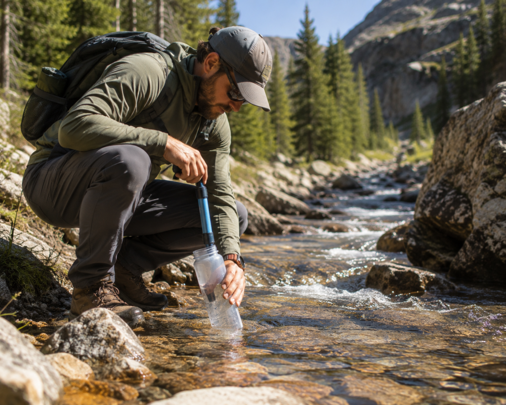 mountain camping beginners water purification filter filling bottle from mountain stream high altitude clean water