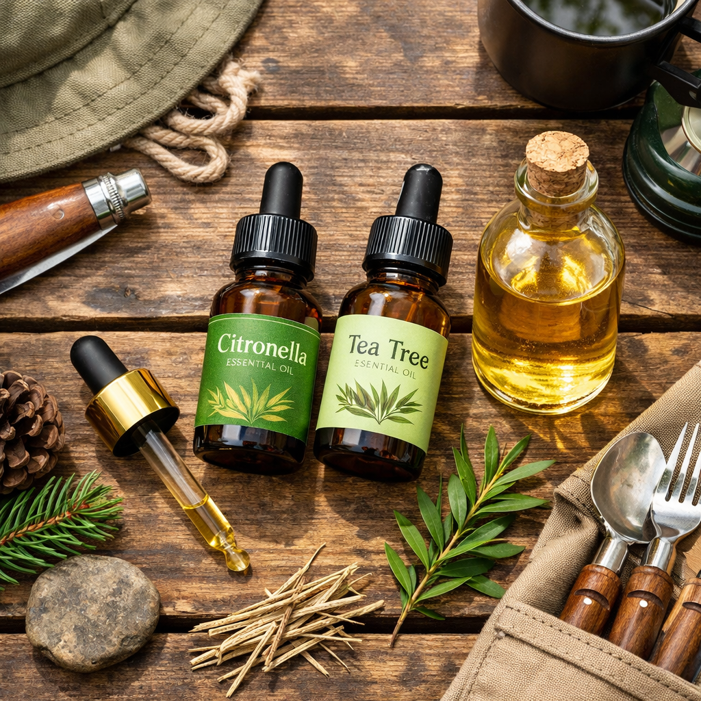 Natural DIY mosquito repellent for camping — essential oils citronella and tea tree in carrier oil