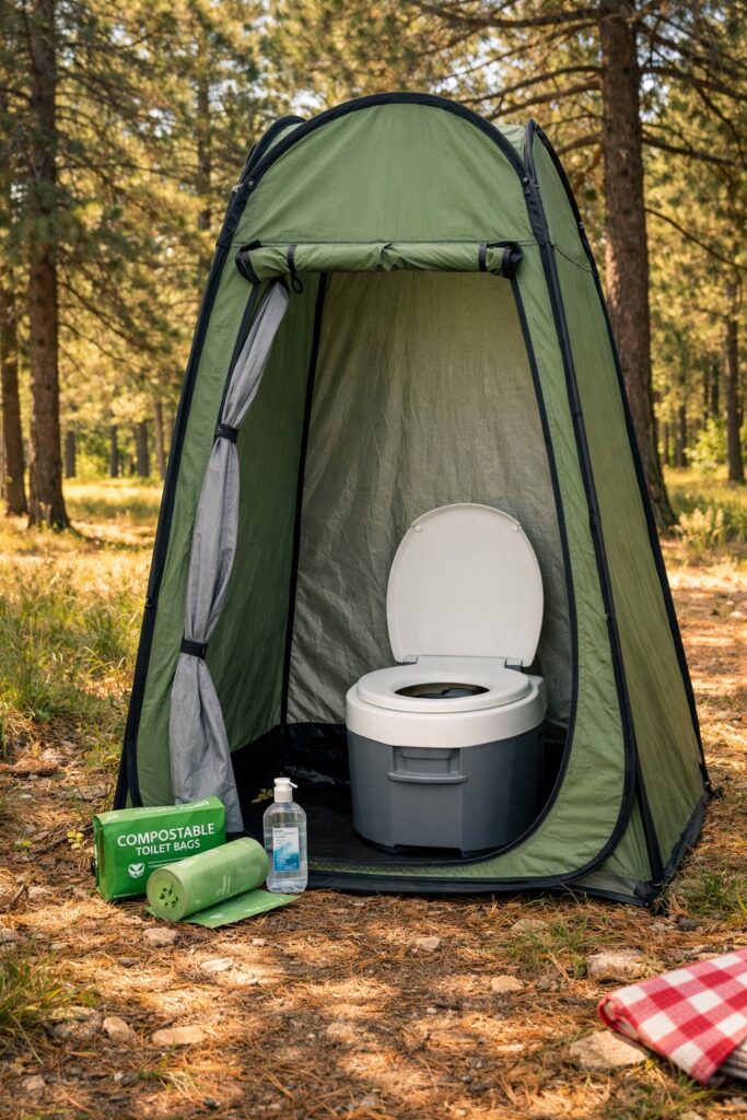 Portable camping toilet in a small privacy pop-up tent at a forest campsite with biodegradable waste bags visible