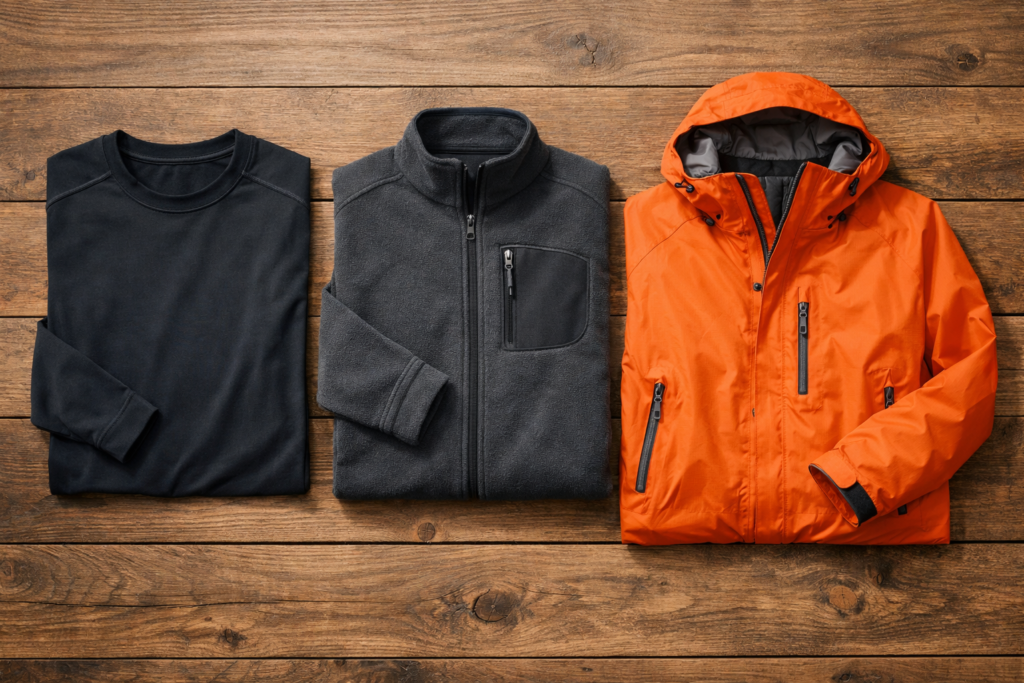 wet weather camping clothing layers base layer fleece mid layer Gore-Tex waterproof jacket and rain trousers laid flat