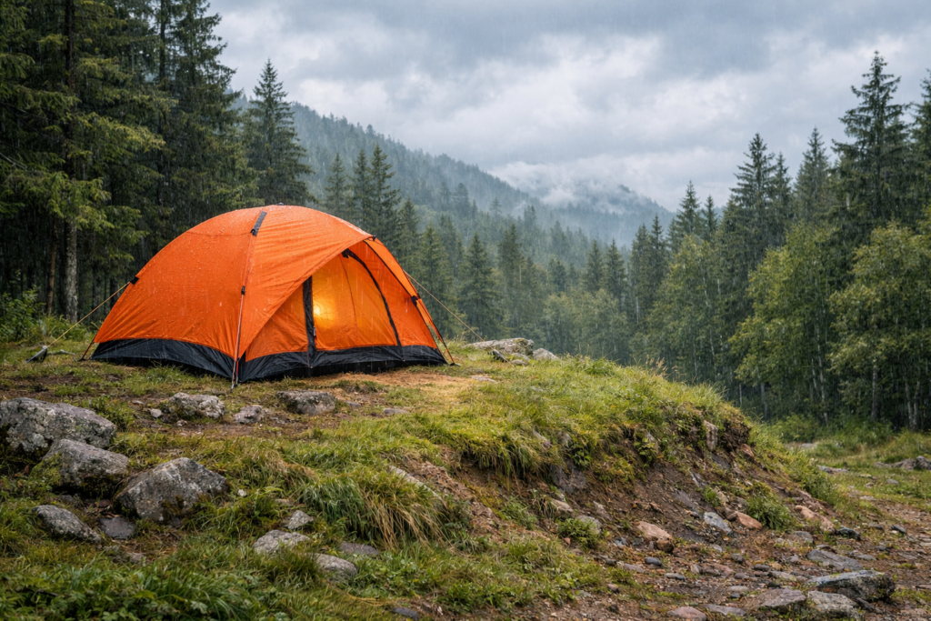 wet weather camping elevated campsite on high ground with good drainage trees overhead rain shelter