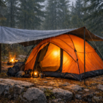 wet weather camping tent pitched on elevated ground with tarp awning in rain forest campsite cosy dry inside