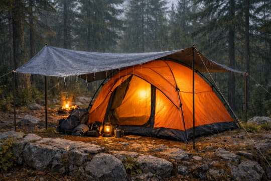 wet weather camping tent pitched on elevated ground with tarp awning in rain forest campsite cosy dry inside