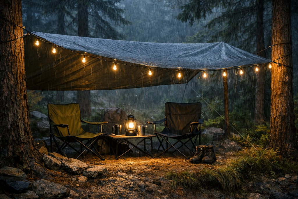 wet weather camping tarp rigged between trees as outdoor living room with camp chairs lantern and string lights rain