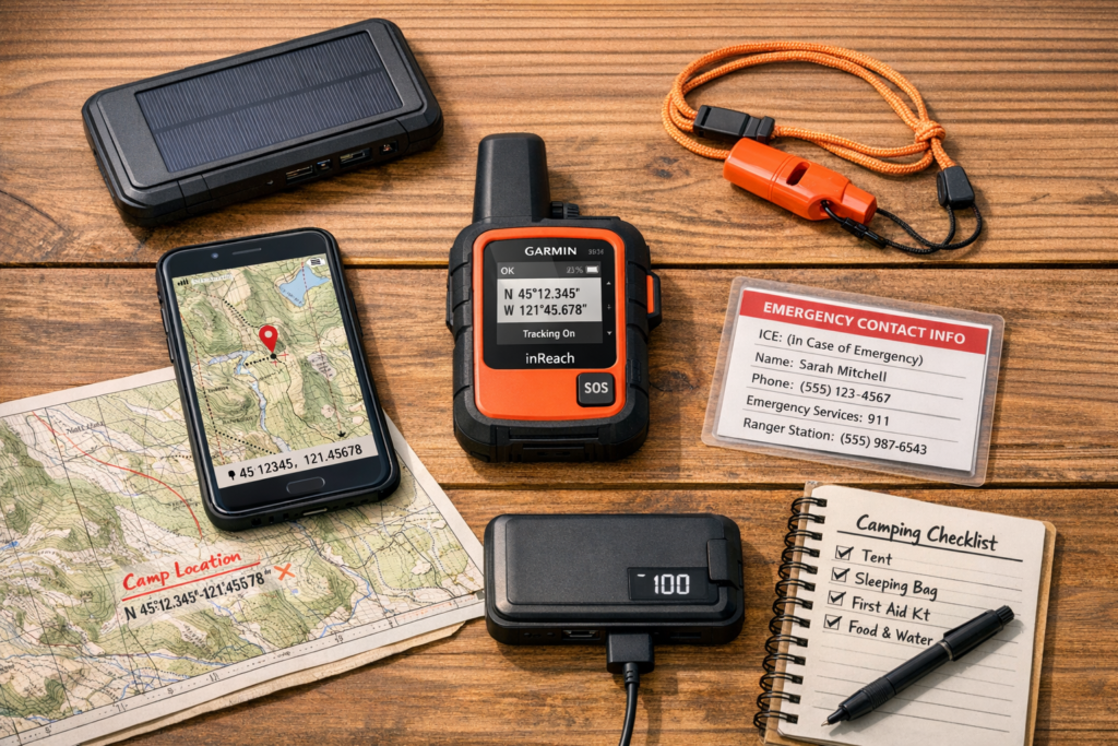 Essential camping communication devices including GPS tracker satellite messenger and emergency beacon for solo camper safety