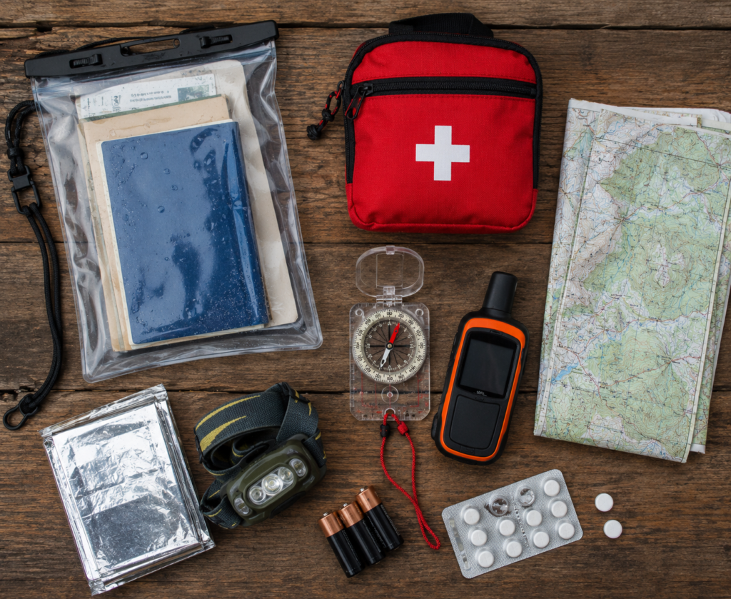 wilderness emergency evacuation go bag contents laid out first aid kit map compass satellite communicator documents
