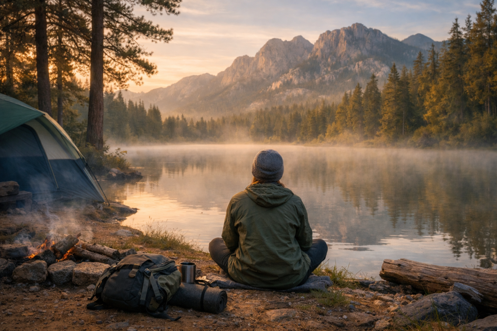 Camping mental health benefits — person sitting peacefully at a lakeside campsite at dawn practicing mindfulness and forest bathing