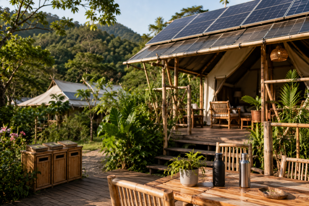 glamping trip for beginners eco-friendly glamping site solar panels bamboo furniture reusable bottles sustainable luxury camping