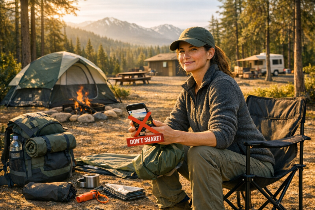 Confident woman smiling after successful solo camping trip packing tent showing empowerment and accomplishment from camping alone
