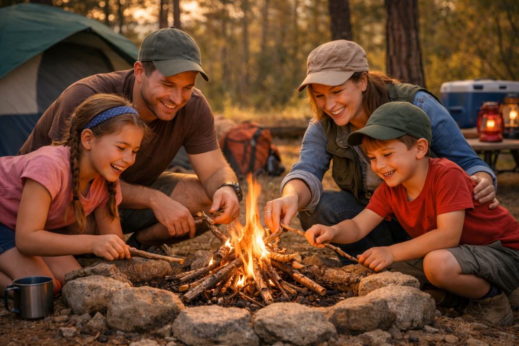 Family camping popularity — parents and children building a campfire together at a forest campsite, laughing and engaged