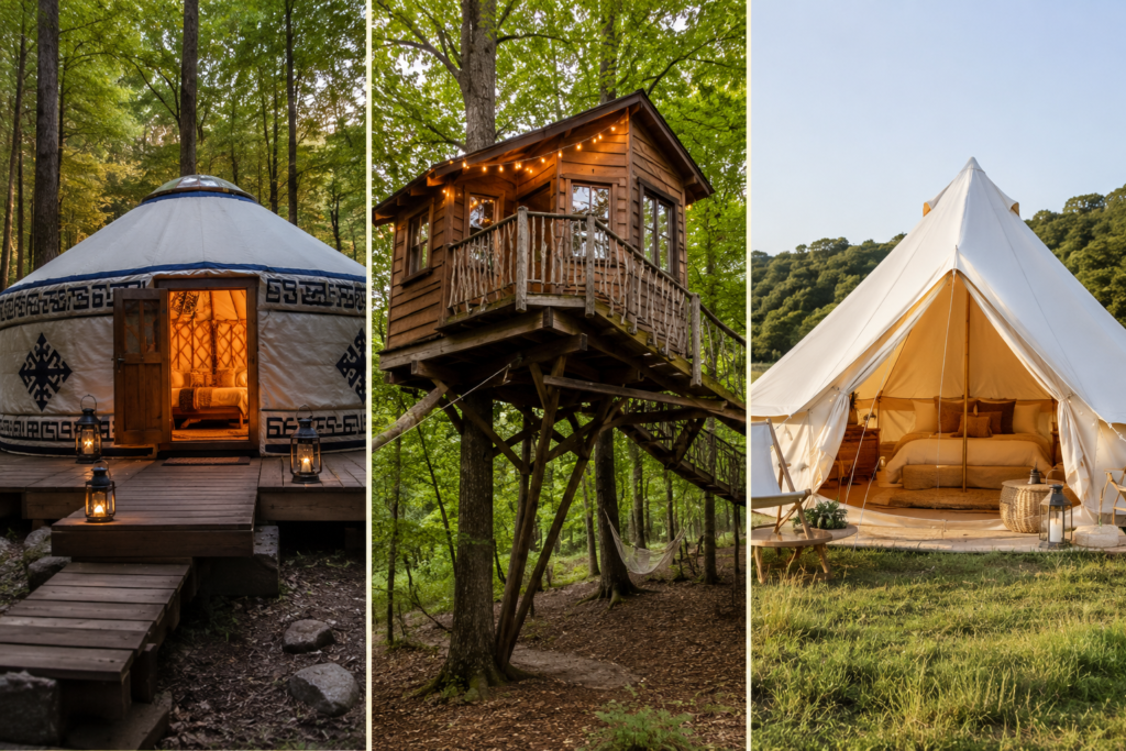 glamping trip beginners types of accommodation yurt bell tent treehouse safari tent outdoor luxury options