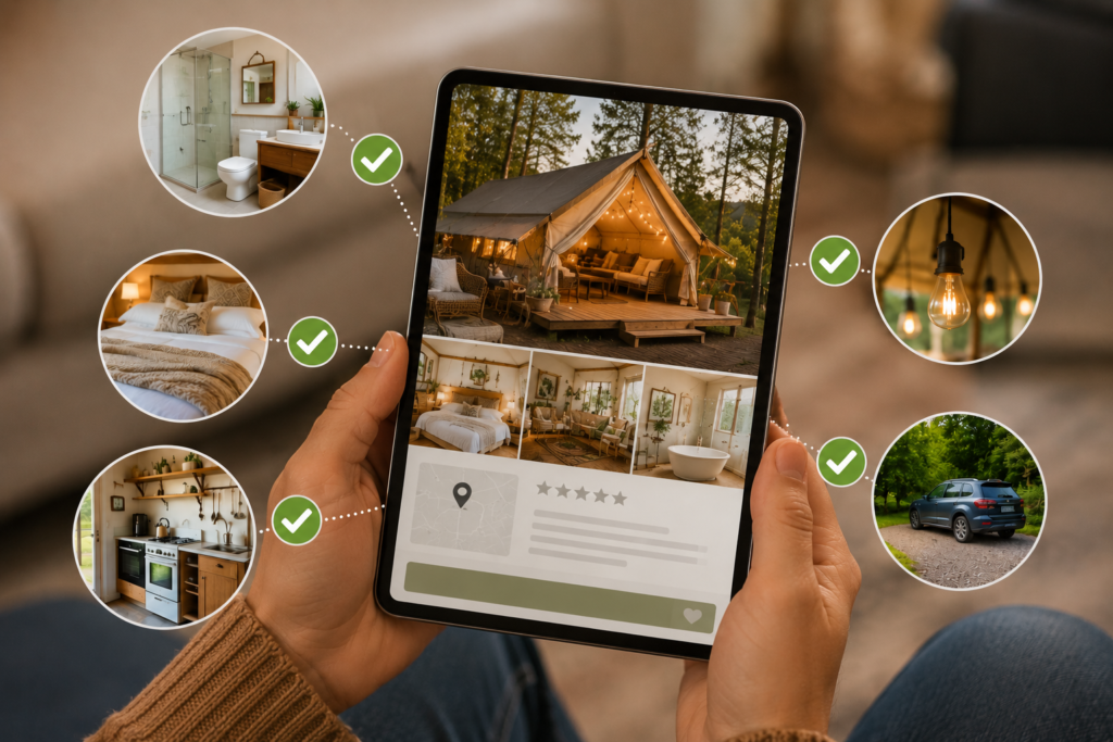 glamping trip beginners checklist what to verify before booking bathroom electricity bedding cooking setup amenities