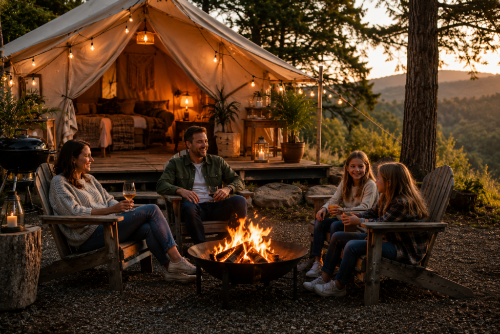 glamping trip for beginners couples families friends enjoying sunset chairs outside luxury tent outdoor experience
