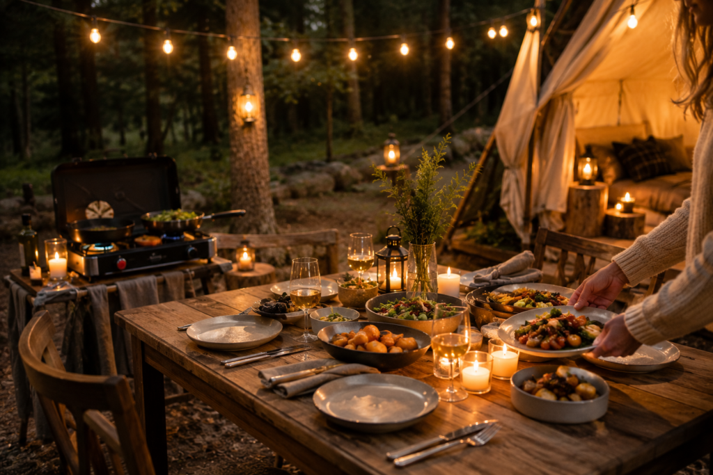 glamping trip beginners outdoor dining gourmet campfire meal table setting fairy lights forest background romantic