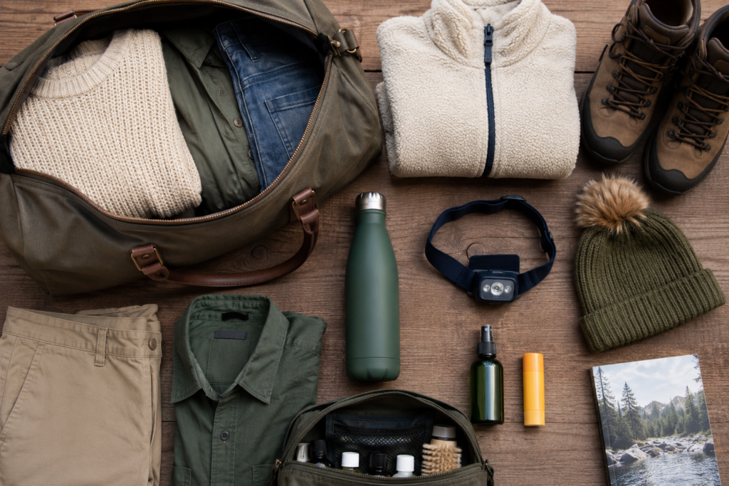 glamping trip beginners packing list essentials bag with comfortable outdoor clothing toiletries torch insect repellent