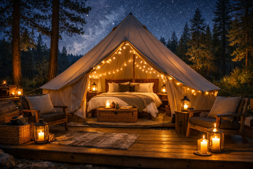 Glamping popularity rise — luxury tent cabin with proper bed, fairy lights and wooden deck surrounded by trees at night