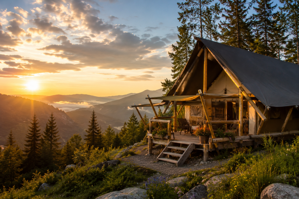 glamping trip for beginners choosing glamping destination scenic mountain forest location luxury tent with views