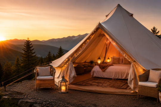 glamping trip for beginners luxury bell tent at sunset with fairy lights string lighting comfortable bed visible inside mountain view