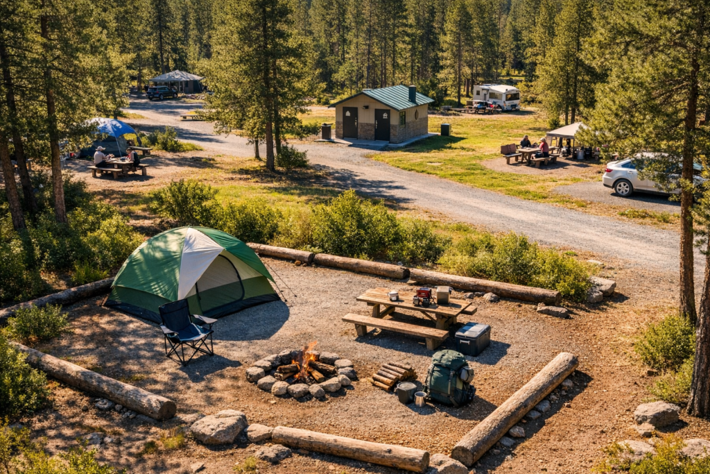 Ideal campsite layout for solo female campers showing visibility open space and proximity to facilities for safety