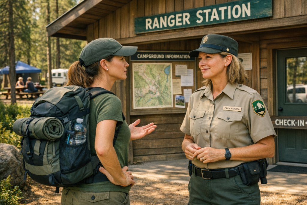 Professional interaction showing solo female camper discussing safety concern with campground host at ranger station