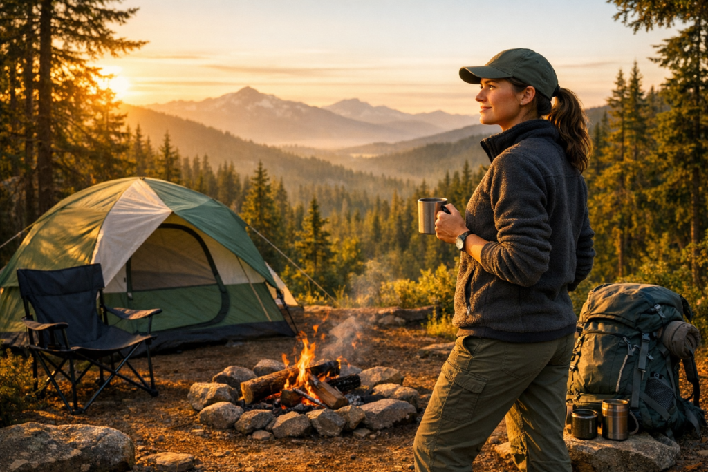 Woman solo camping at scenic wilderness campsite with tent and backpack demonstrating female empowerment outdoors