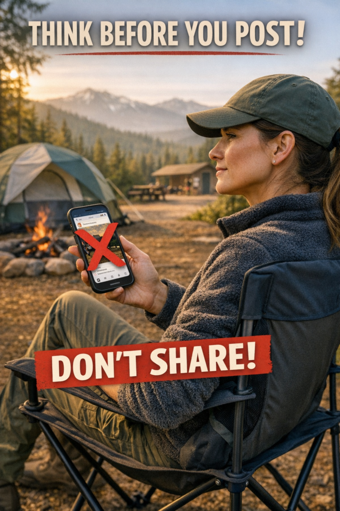 Woman at campsite choosing not to share real-time location on social media phone showing privacy protection for solo campers