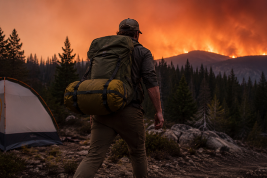 wilderness emergency evacuation camper with go bag leaving campsite urgently at dusk with wildfire smoke in distance