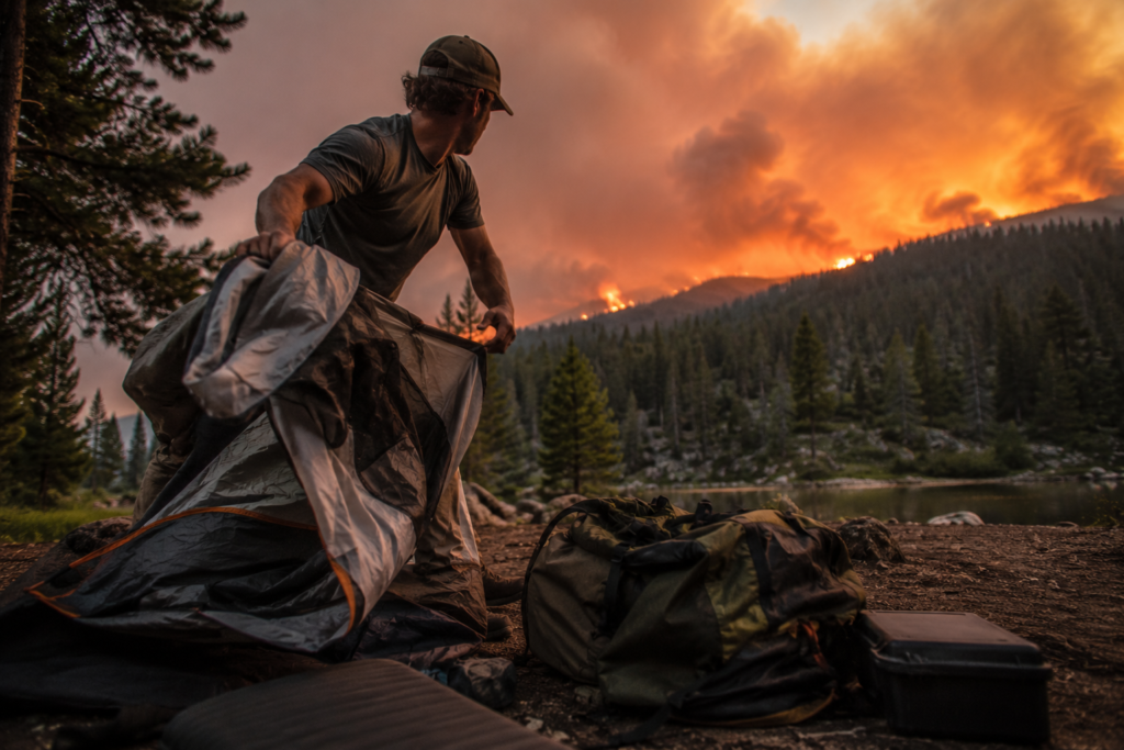 wilderness emergency evacuation wildfire smoke approaching campsite camper packing tent quickly urgent departure