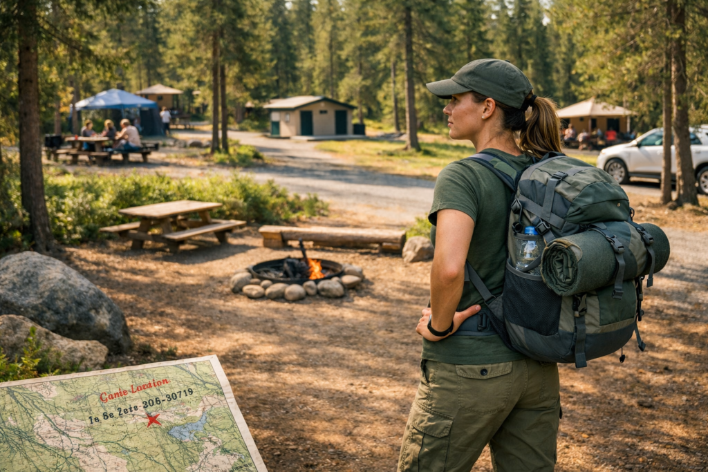Solo female camper evaluating campsite safety and trusting intuition about location before setting up tent