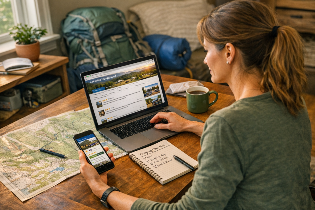 Woman planning solo camping trip, researching campsite reviews and safety information before the actual camping trip