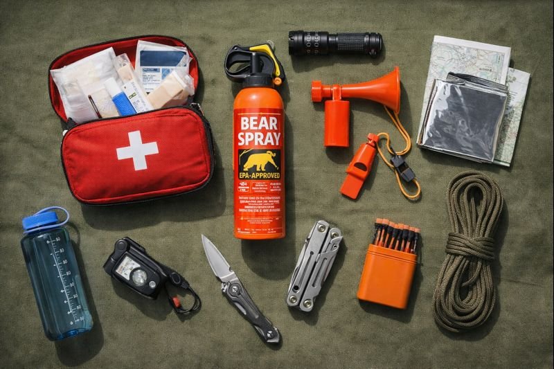 Essential wildlife safety camping gear including bear spray first aid kit flashlight and emergency supplies
