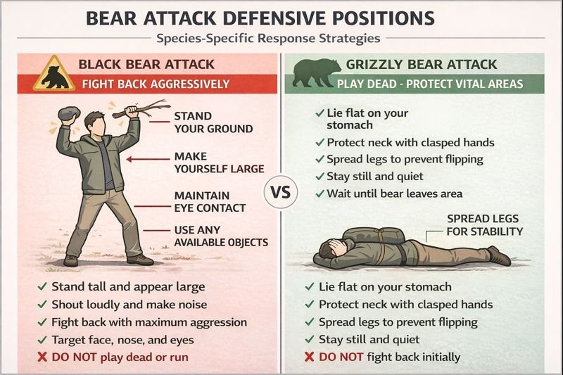 Bear attack defensive positions showing fight back stance for black bears and play dead position for grizzly bears