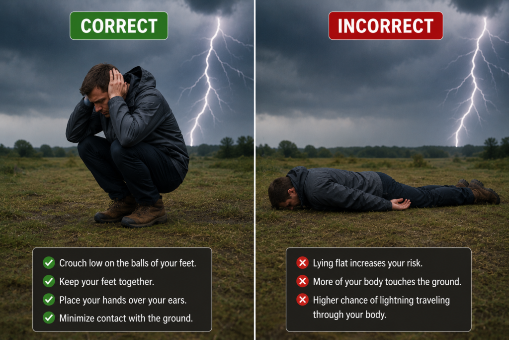 lightning safety while camping lightning crouch position correct crouching on balls of feet versus incorrect lying flat on ground
