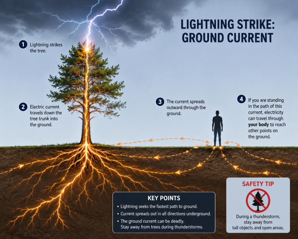 lightning safety while camping ground current diagram showing electricity traveling through ground from lightning strike to camper
