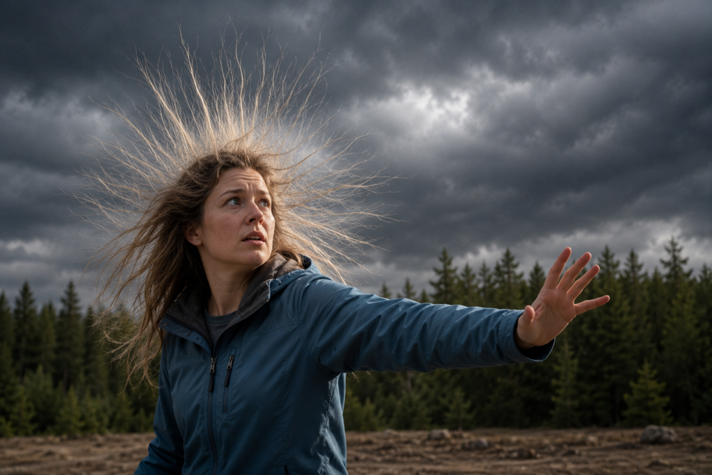 lightning safety while camping warning sign hair standing on end electrical charge imminent lightning strike danger