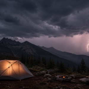 lightning safety while camping dramatic storm clouds over mountain campsite with lightning bolt in distance and tent in foreground