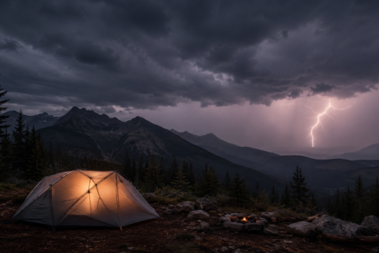 lightning safety while camping dramatic storm clouds over mountain campsite with lightning bolt in distance and tent in foreground