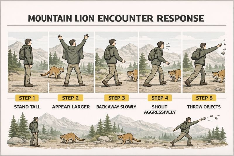 Mountain lion encounter defensive response showing stand tall, appear large, back away, and intimidation tactics