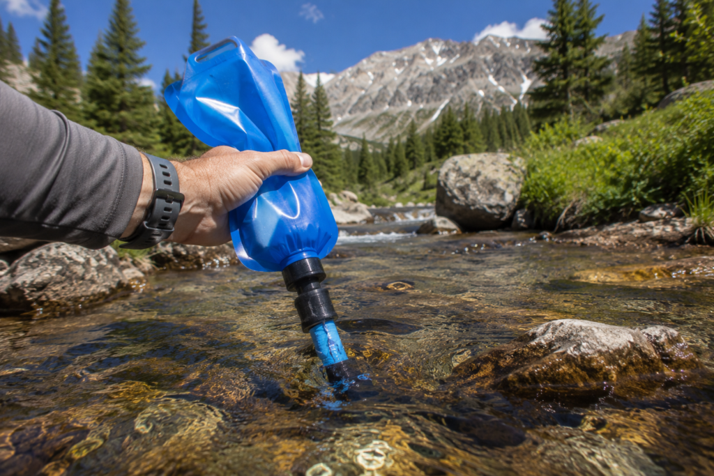 purifying water in the wilderness Sawyer Squeeze hollow fiber filter attached to soft bottle outdoor stream