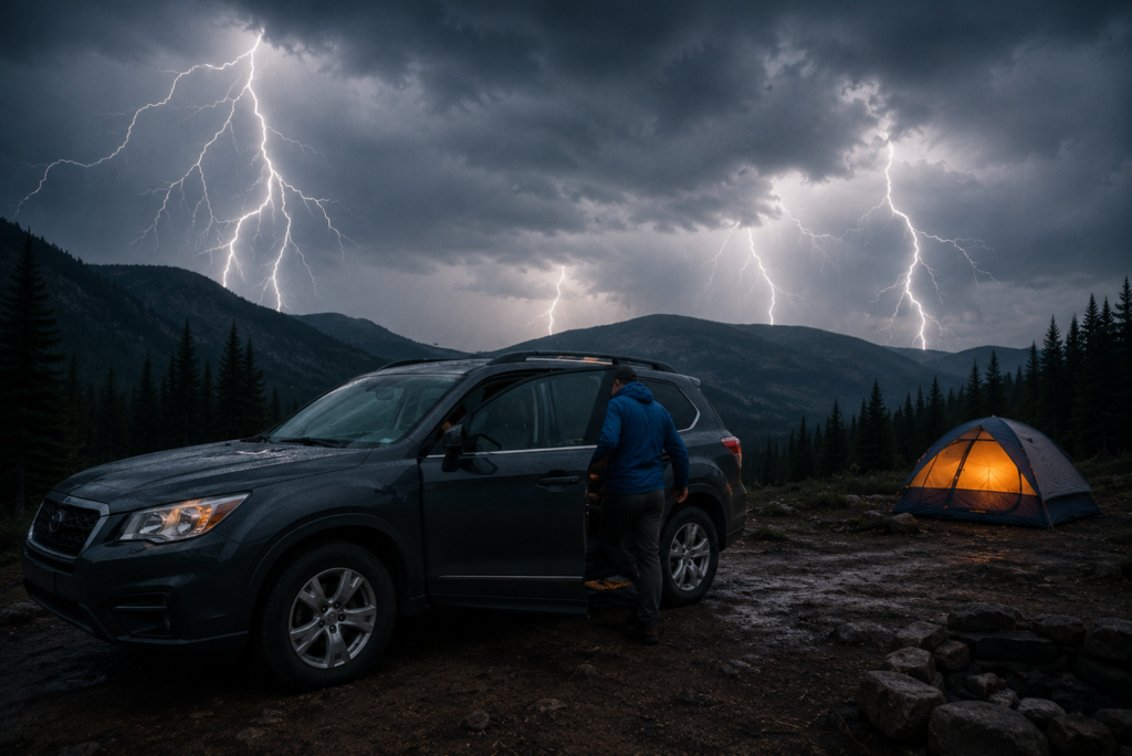 lightning safety while camping vehicle hard-topped car provides faraday cage protection from lightning storm safe shelter