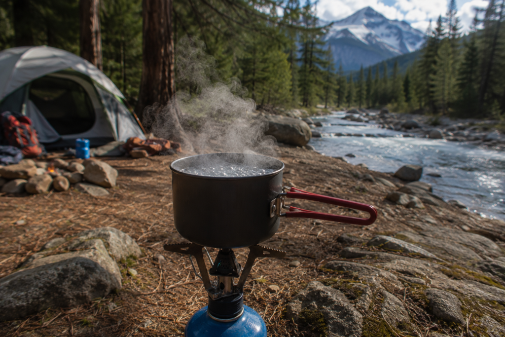 purifying water in the wilderness boiling method camp stove pot with rolling boil stream campsite background