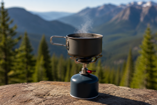 best compact camping stoves canister stove on rock boiling water outdoors