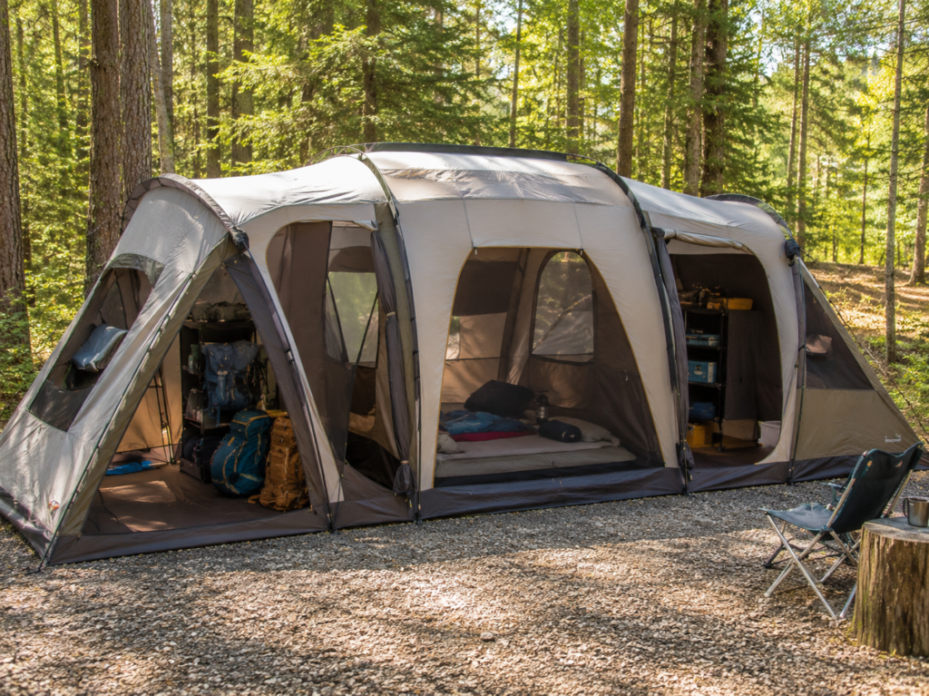 best camping tents all weather Big Agnes Bunk House 4 large family tent pitched campsite vestibule gear storage