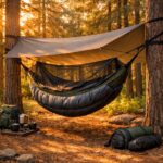 Hammock camping for beginners — camping hammock hung between two tall trees in a lush forest at golden hour with sleeping gear visible