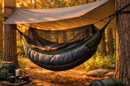 Hammock camping for beginners — camping hammock hung between two tall trees in a lush forest at golden hour with sleeping gear visible